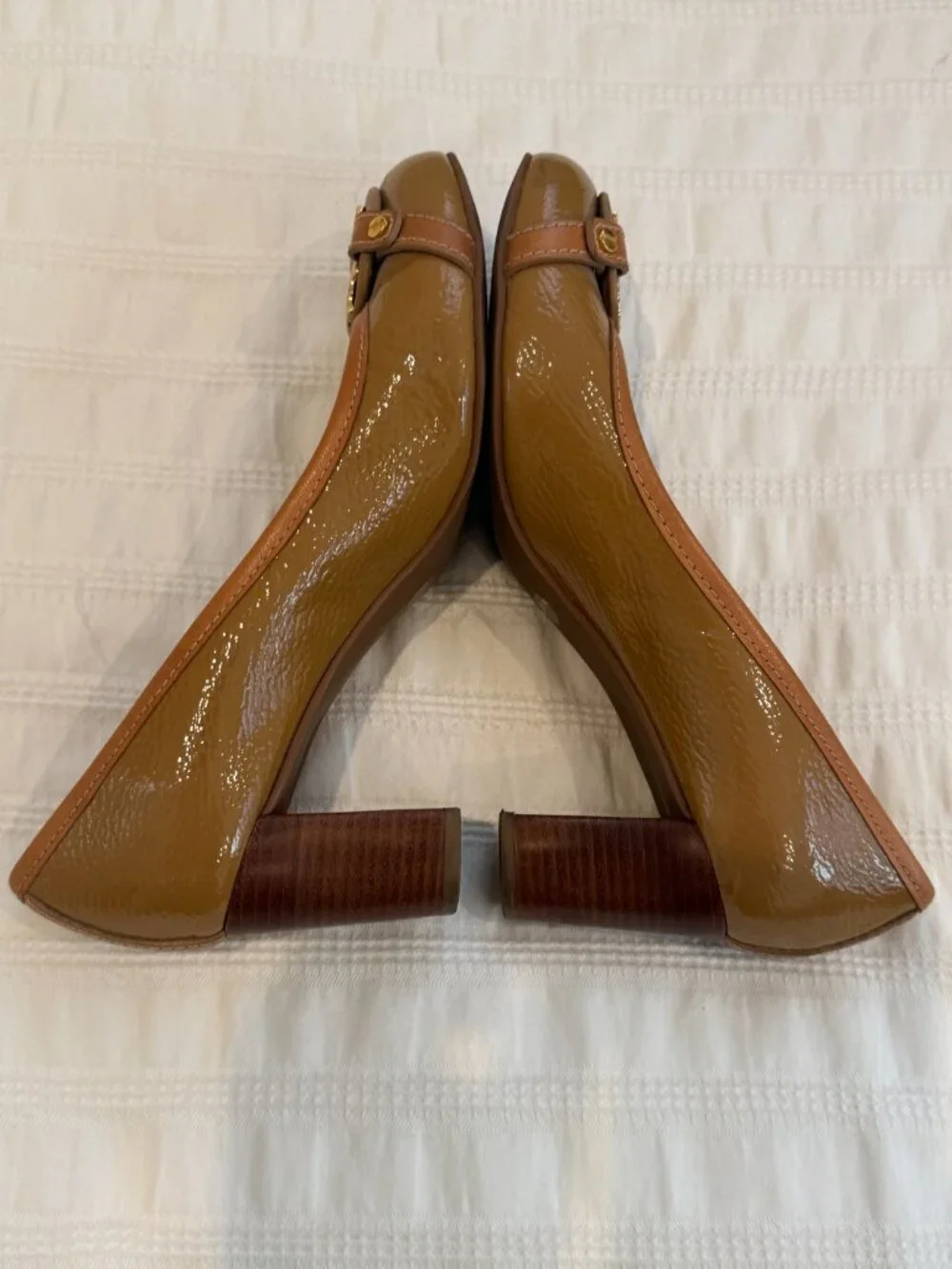 Tory Burch Aaden Mid-Heel Patent Leather Pumps Tan Size 8M
